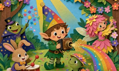 Nico, un pequeño elfo con gorro puntiagudo multicolor y traje verde, sostiene una vieja cámara mágica de madera en el centro; a su derecha Lila, hada de las flores con cabello de pétalos, cuelga guirnaldas en los árboles; a la izquierda, Max, un gran conejo tamborilero marrón claro con una oreja doblada, toca un tambor rojo; un poco atrás a la izquierda Pepe, un pequeño sapo mago verde con capa de estrellas, lanza estrellitas con su varita; Tula, una tortuga tranquila con caparazón floral y sombrero de flores, está sentada junto a Nico; Coco, un cuervo negro de plumas brillantes, sostiene una pequeña bandera en una rama baja; la escena tiene lugar en un claro del bosque encantado con césped verde, árboles decorados, confeti y un arcoíris naciente; situación: el grupo posa para una foto de carnaval mientras la cámara de Nico lanza una lluvia de purpurina dorada que forma un arcoíris, ambiente festivo y colores vivos.