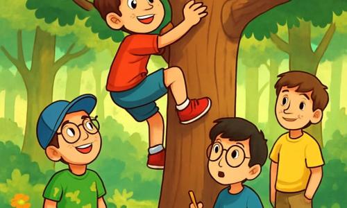 Hay 4 niños: - Alejo: un chico de 12 años, con el cabello castaño desordenado y ojos llenos de curiosidad. Lleva una camiseta roja y un pantalón corto azul, y está trepando por el tronco de un gran roble. - Carlos: un chico de 11 años, con una gorra de béisbol azul y gafas. Tiene una amplia sonrisa y lleva una camiseta verde con motivos de dinosaurios. Se encuentra al pie del árbol, mirando hacia arriba a Alejo con admiración. - Diego: un chico de 11 años, con cabello negro y gafas redondas. Sostiene un pequeño cuaderno de bocetos en una mano y un lápiz en la otra, observando atentamente el nido en la cima del árbol. Está sentado sobre una piedra plana, al lado de Carlos. - Iván: un chico de 11 años, con cabello castaño y una ligera sonrisa tímida. Lleva una camiseta amarilla y pantalones beiges. Está un poco apartado, apoyado contra el tronco del árbol, mirando a sus amigos con orgullo y determinación. El lugar es un hermoso bosque verde, lleno de grandes árboles majestuosos, flores coloridas y rayos de sol filtrándose a través de las hojas. En el centro, un viejo roble con ramas anchas y nudosas se alza, con un nido en lo alto. La situación principal muestra a Alejo trepando con entusiasmo para alcanzar el nido, mientras sus amigos lo animan desde abajo, creando una atmósfera de camaradería y confianza. Las expresiones de los niños reflejan emoción y amistad, ilustrando el tema de la confianza en uno mismo en esta aventura.