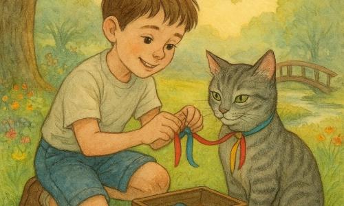 Un niño de 8 años, alegre y concentrado, de pelo castaño corto y rodillas con manchas de tierra, agachado atando cordones y lazos de colores en el collar del gato con una sonrisa tierna y ojos brillantes; un gato gris atigrado llamado Max, de ojos verdes, ronronea y permanece tranquilo junto al niño con la pata sobre un pequeño cofre abierto; el cofre de madera, algo gastado, contiene lazos rojos, azules y amarillos; el escenario es un jardín soleado de final de tarde con césped verde, flores, un pequeño puente de madera y un arroyo, la luz dorada filtrándose entre las hojas del roble, momento tierno de amistad y descubrimiento.