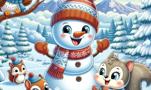 Ein kleiner Schneemann namens Frosty, mit einer Karotte als Nase, Kohleaugen und einem breiten Lächeln, steht fröhlich im Mittelpunkt der Szene, die Arme weit geöffnet, umgeben von glitzernden Schneeflocken. Rechts von ihm springt ein schelmisches Eichhörnchen namens Max, mit braunem Fell und funkelnden Augen, vor Freude und wirft einen kleinen Schneemann. Links von ihm sitzt eine weise Eule namens Emmy, mit weißen Federn und runden Brillen, auf einem Ast und beobachtet die Szene mit einem amüsierten und ermutigenden Blick. Die Kulisse ist eine wunderschöne Winterlandschaft mit majestätischen, schneebedeckten Bäumen, sanften Hügeln und einem hellblauen Himmel, der mit weißen Wolken übersät ist. In der Ferne zeichnen sich schneebedeckte Berge am Horizont ab und verleihen dem Ganzen einen Hauch von Magie. Die Hauptsituation zeigt Frosty und seine Freunde in einem Schneeballschlacht, lachend und fröhlich, was eine festliche und fröhliche Atmosphäre in dieser wunderbaren Winterlandschaft schafft.