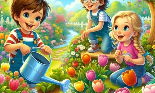 In een bloeiende tuin spelen vier kinderen samen. Max, een zesjarig jongetje met bruin haar en sprankelende ogen, giet bloemen water met een klein blauw gietertje en lacht blij. Naast hem bewondert Emma, een zesjarig meisje met blond haar en vlechten, de kleurrijke tulpen om hen heen. Lucas, een zesjarig jongetje met kastanjebruin haar en een bril, wijst naar een vogelnest op een tak, met zijn ogen wijd open van verwondering. Tot slot knielt Sophie, een zesjarig meisje met krullend haar en een roze t-shirt, bij de grond om water te geven aan de kleine groenteplantjes. De tuin is een echt lenteplaatje, vol met stralende bloemen in alle kleuren, weelderig groen en zonnestralen die door de bladeren van de bomen filteren. Op de achtergrond glinstert een klein beekje, wat een vleugje magie aan dit betoverende landschap toevoegt. De kinderen zorgen voor hun tuin, geven de planten water en ontdekken de schoonheid van de natuur, terwijl ze lachen en momenten van samenzijn delen.
