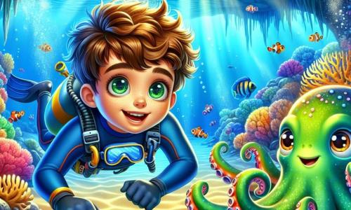 Un ragazzo di 12 anni, con capelli castani disordinati e occhi verdi pieni di curiosità, nuota sott'acqua in una muta da sub blu. Il suo volto esprime meraviglia ed eccitazione mentre esplora un affascinante mondo sottomarino. Accanto a lui, un piccolo polpo di nome Otto, con tentacoli colorati e occhi maliziosi, lo osserva con un sorriso amichevole, fluttuando a pochi centimetri da lui. Il paesaggio è una foresta di coralli vibranti, dove pesci multicolori danzano attorno a formazioni marine scintillanti. Raggi di luce filtrano attraverso la superficie dell'acqua, creando giochi di ombre e luci sulla sabbia dorata del fondo marino. La scena principale mostra il ragazzo e Otto che scoprono insieme una misteriosa grotta sottomarina, piena di oggetti dimenticati e tesori nascosti, mentre si preparano ad esplorare questo nuovo luogo magico.