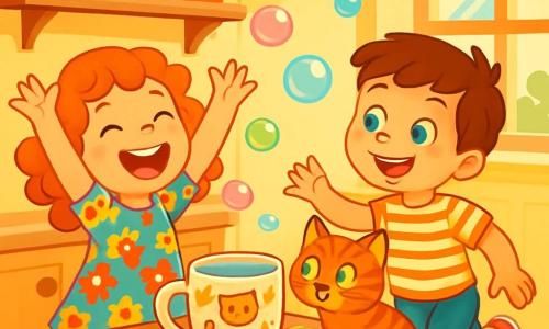 Ci sono 3 personaggi: - Nina: una ragazza di 6 anni, con capelli ricci rossi e occhi scintillanti. Indossa un vestito a fiori colorati e sta ridendo, con le braccia alzate, davanti alla Tazza Magica. - Leo: un ragazzo di 6 anni, con capelli castani e occhi blu brillanti. Indossa una maglietta a righe e un pantaloncino, correndo dietro a una bollicina che vola via, con un grande sorriso. - Tommaso: un gatto tigrato, con occhi verdi maliziosi, seduto sul tavolo, che osserva i bambini con curiosità, pronto a saltare su una bollicina. La scena si svolge nella cucina accogliente di Nonna Pina, con muri giallo pastello e mensole piene di barattoli di marmellata colorati. Un grande tavolo di legno è coperto da una tovaglia a motivi vivaci, e i raggi di sole filtrano dalla finestra, illuminando una Tazza Magica decorata con disegni di gattini e stelle. Nina e Leo giocano con la Tazza Magica, che emette bollicine colorate che fluttuano nell'aria. I bambini ridono mentre Tommaso cerca di acchiappare una bollicina, creando una scena gioiosa e magica.