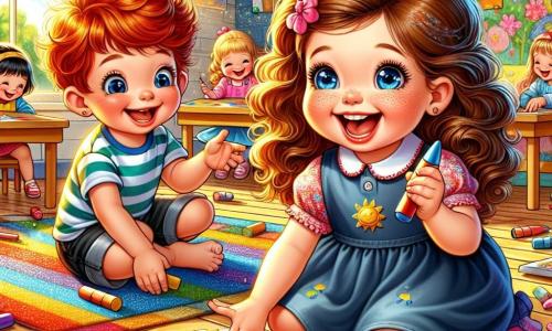 A 3-year-old girl named Lily, with sparkling blue eyes and curly brown hair, is sitting on a colorful rug in a bright classroom. She has a big smile on her face, showing her joy and enthusiasm as she holds a piece of chalk in her small hand. Next to her is a 3-year-old boy named Max, with bright red hair and a beaming smile, proudly showing his drawing of a rocket. He sits slightly back, looking at Lily with admiration. The classroom is filled with brightly painted walls and children's drawings everywhere. Wooden tables are arranged around, and colorful toys are scattered on the floor. A large window lets in sunlight, illuminating the space. The main scene shows Lily and Max sharing their drawings, surrounded by joyful classmates, all immersed in the excitement of painting and learning. The atmosphere is full of laughter and creativity, illustrating a moment of camaraderie and discovery at school.