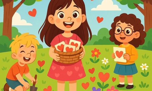 An 8-year-old girl named Lily, with long brown hair and sparkling joyful eyes, stands at the center of the image. She wears a bright pink dress adorned with hearts and holds a basket filled with Valentine cards, her face radiating excitement and happiness. Next to her is her friend Oliver, a 7-year-old boy with messy blonde hair and a bright smile, planting colorful flowers in a magical garden, surrounded by heart-shaped petals. A little further away, Emma, an 8-year-old girl with curly hair and round glasses, admires the garden in wonder, holding a Valentine card in her hands. The setting is a sunny park filled with vibrant flowers and large trees with shiny green leaves, under a clear blue sky dotted with fluffy white clouds. The main scene shows Lily and her friends creating a Valentine’s garden, surrounded by colorful flowers and floating hearts, symbolizing friendship and the joy of this special day.
