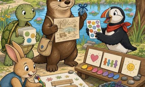 Milo, a studious otter with glossy brown fur and fine whiskers, smiles calmly holding a paper map with a pencil plan and a blue stone on a ribbon, wearing a small canvas bag; Pippa, a cheerful puffin with black-and-white plumage and a red scarf, laughs while handing out stickers to the right of Milo and looking at new students; Taro, a gentle turtle with a green shell patterned with circles, stands slightly back holding a stack of 