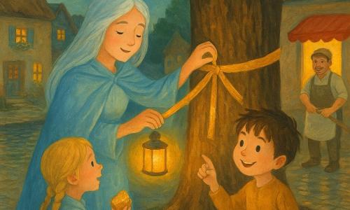 Mira, moved and serene with silver hair like moon-silk, wears a pale blue cloak and holds a small warm lantern emitting a golden halo as she ties a sparkling golden ribbon to the trunk of a large oak; a smiling ~7-year-old brown-haired boy with a small shovel stands at the roots showing her the ribbon, a ~5-year-old blonde girl in pigtails sits on a stone step to the left offering bread and reaching toward Mira, and behind them a flour-dusted baker in his 40s gently sweeps before his lit bakery; the wet cobbled village square with thatched cottages, colorful windows, a distant wooden bridge over a shimmering river reflects warm lights, in soft gouache tones and delicate contrasts.