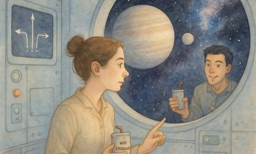 A young woman named Mira, about 28, with a soft, focused face and brown hair in a bun floats near a large window of the small research vessel Lumen holding a pouch of hot chocolate, while Jin, about 30, short black hair and a teasing smile, floats a few meters behind offering another pouch; the pale-blue metal interior has lit buttons and screens and a round porthole showing space like black velvet sprinkled with stars, a gas giant with a pale moon and a sparkling nebula; a nearby screen displays three thin pulsing light lines with arrows pointing in different directions, and Mira, attentive and determined, points at the screen deciding which of the three signals to explore, creating a calm, mysterious sense of adventure.