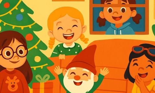 Há 5 personagens: Ana, uma menina de 7 anos com longos cabelos castanhos e óculos redondos, vestindo um suéter vermelho com um padrão de rena, perto da árvore de Natal, com olhos curiosos; Laura, uma menina de 6 anos com cabelos loiros trançados e um sorriso radiante, vestindo um vestido verde com bolinhas brancas, escondida atrás do sofá, pronta para rir; Sofia, uma menina de 8 anos com cabelos castanhos e rabos de cavalo, vestindo um moletom azul, observando o duende pela grande janela; Júlia, uma menina de 7 anos com cabelos negros e óculos de sol na cabeça, vestindo uma camiseta amarela, escondida atrás de uma planta verde, rindo suavemente; e o Duende Travesso, um pequeno duende com barba branca, usando um chapéu vermelho pontudo e um traje verde, no centro da sala, sorrindo e levantando os braços como se estivesse pronto para brincar. O cenário é uma sala aconchegante decorada para o Natal, com uma árvore iluminada por luzes brilhantes e enfeitada com bolas coloridas, presentes empilhados ao redor da árvore e flocos de neve caindo suavemente do lado de fora pela janela. A situação principal mostra as crianças brincando de esconde-esconde com o duende travesso, enquanto risadas ecoam pela sala enquanto o duende procura as meninas escondidas, com um ar travesso no rosto.