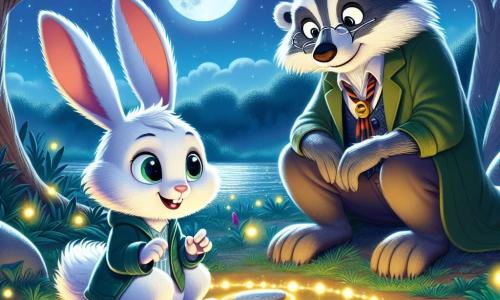 In an enchanted clearing, a little rabbit named Thistle, with long soft ears and bright white fur, gazes in wonder at a circle of glowing stones. His big eyes shine with curiosity and excitement as he approaches the sparkling stones. Next to him, a wise old badger, with gray fur and round glasses, smiles gently, his eyes twinkling with wisdom. He sits on a stone, watching Thistle kindly, ready to share his knowledge. The place is bathed in the silver light of the moon, surrounded by majestic trees with shimmering leaves, and the scent of night flowers fills the cool air. The main scene shows Thistle discovering the magical circle, eager to listen to the badger's advice, while fireflies dance around them, adding a touch of magic to this nighttime encounter.