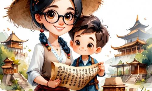 In the foreground, a passionate archaeologist, Dr. Mei Chen, is a woman in her thirties, with her black hair in a bun, round glasses, and a wide straw hat. She smiles in wonder, delicately holding an ancient silk scroll in her hands, her eyes shining with curiosity and excitement. Next to her, Leo, a ten-year-old boy with messy brown hair, watches the scroll with fascination, his eyes wide, while holding a small sketchbook in the other hand, ready to draw what he discovers. A bit further away, Mira, a nine-year-old girl with braids and a colorful t-shirt, kneels to examine a pottery fragment, her face focused and curious. Their scene takes place at a lush archaeological site, surrounded by majestic trees and wildflowers. The ground is scattered with pieces of pottery and ancient tools, and in the distance, white tents house their excavation equipment. The main situation shows Dr. Mei Chen unveiling the ancient scroll, revealing colorful illustrations and Chinese characters, while Leo and Mira eagerly approach, excited to learn more about the fascinating stories of the past.