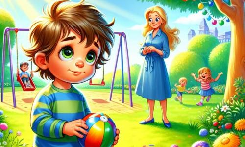 Un băiat de 4 ani, pe nume Andrei, cu părul brun și dezordonat și ochi mari și curioși, stă în centrul imaginii, ținând o minge colorată în mâinile sale mici. Fața lui exprimă confuzie și ezitare, cu o ușoară încruntare a sprâncenelor și gura întredeschisă. Lângă el, mama lui, o femeie de aproximativ 30 de ani, cu părul lung și blond, poartă o rochie albastră și zâmbește blând în timp ce îi vorbește. Ea stă puțin înapoi, cu o mână pe șold, arătând că îl ascultă cu atenție. Fundalul este un parc însorit, plin de copaci verzi cu frunze strălucitoare, flori colorate și leagăne care se leagănă ușor în vânt. Copiii se joacă în depărtare, râzând și alergând pe iarbă. Situația principală îl arată pe Andrei privind mingea colorată, gândindu-se la ce trebuie să facă, în timp ce mama lui îi vorbește despre importanța sincerității. Atmosfera este veselă, dar cu o ușoară tensiune, în timp ce Andrei se confruntă cu alegerea sa.