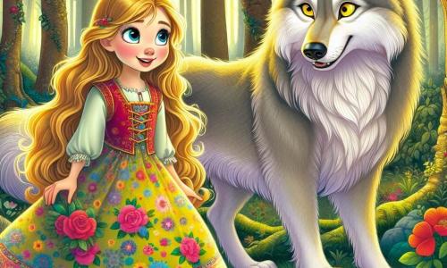 Ein 7-jähriges Mädchen namens Anna steht im Mittelpunkt der Szene, mit langen, goldenen Haaren, die in der Sonne glänzen. Sie hat leuchtend blaue Augen voller Neugier und ein breites Lächeln im Gesicht. Anna trägt ein buntes Blumenkleid und hält einen Korb mit Beeren. Sie schaut mit Staunen einen großen grauen Wolf mit silbernem Fell an, der an ihrer Seite steht, sein Ausdruck ist sanft und freundlich, seine gelben Augen strahlen Weisheit aus. Der majestätische und imposante Wolf sitzt neben Anna, seine großen Ohren aufgerichtet, aufmerksam auf seine Freundin. Er hat einen beschützenden Ausdruck, als würde er in diesem Moment der Entdeckung auf sie aufpassen. Die Kulisse ist eine verzauberte Lichtung im Herzen eines großen, geheimnisvollen Waldes. Majestätische Bäume mit dicken Stämmen umgeben die Szene, ihre grünen Blätter filtern das Sonnenlicht und erzeugen leuchtende Muster auf dem Boden. Bunte Blumen schmücken den Boden und verleihen der Umgebung einen Hauch von Magie. Die Hauptsituation zeigt Anna und den Wolf, die einen Moment der Verbundenheit teilen, während Anna ihre Hand zum Wolf ausstreckt, als wolle sie ihm eine Beere anbieten. Diese Szene illustriert ihre aufkeimende Freundschaft und die Botschaft, dass der Schein trügen kann.