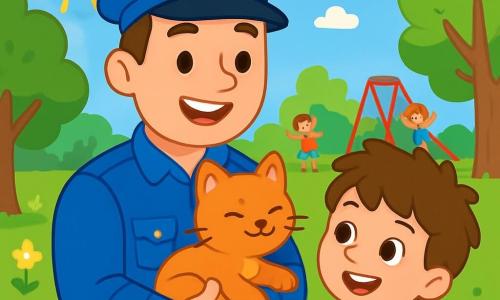 Un polițist pe nume Andrei, îmbrăcat într-un uniformă albastră și purtând o pălărie, zâmbește fericit în timp ce ține în brațe o pisicuță portocalie. Are ochii strălucitori și o expresie prietenoasă, arătându-și mândria pentru găsirea animalului pierdut. Lângă el, un băiat de 7 ani pe nume Mihai, cu părul brun ciufulit și un tricou roșu, privește pisicuța cu uimire, ochii săi strălucind de bucurie. Se află într-un parc verde, plin de copaci, flori colorate și un loc de joacă animat în fundal. Situația principală îi arată pe Andrei și Mihai sărbătorind succesul lor, înconjurați de râsetele copiilor care se joacă, în timp ce soarele strălucește pe un cer albastru.