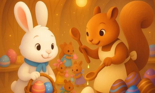 Bramble, a small white rabbit with long floppy ears, looks joyful and focused, wearing a blue scarf and holding a wicker basket of colored eggs; Marnie, a brown squirrel in a cream apron, appears busy but kind, holding a shiny wooden spoon over a pale egg on a stool to Bramble’s right, while tiny squirrels in multicolored aprons bustle behind, decorating eggs with ribbons and sugar; the setting is the magical interior of an old oak trunk with twisting wooden walls, floating egg-shaped lanterns, golden glitter dust in the air, and large tables piled with foil-wrapped chocolate eggs, capturing Bramble patiently as a drop of Sparkle Drizzle falls from the spoon onto an egg in a calm, luminous moment with rounded composition, bright pastel colors, soft textures and subtle shadows.