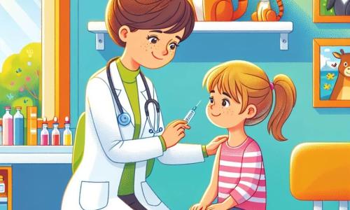 In het midden van de afbeelding zien we dokter Lisa, een glimlachende vrouw van een dertigtal jaren, met bruin haar in een knot. Ze draagt een witte labjas en een stethoscoop om haar nek, terwijl ze vriendelijk kijkt naar een klein meisje, Anna, dat ongeveer 6 jaar oud is. Anna, met blond haar en sproeten, zit op een stoel, een beetje nerveus, maar glimlachend dankzij de geruststellende aanwezigheid van dokter Lisa. Op de achtergrond zien we een lichte en kleurrijke spreekkamer, met posters van dieren tekeningen en speelgoed verspreid op een plank. Een raam laat zonlicht binnen, waardoor de kamer een warme en uitnodigende sfeer heeft. De belangrijkste situatie toont dokter Lisa die een injectie toedient aan Anna, die de scène met nieuwsgierigheid bekijkt. Dokter Lisa's gezicht straalt zachtheid en vastberadenheid uit, terwijl Anna, hoewel licht angstig, zich veilig voelt dankzij de troostende houding van de arts.