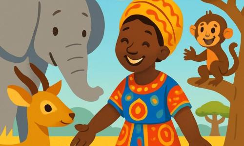 Aja, eine afrikanische Frau mit einem warmen Lächeln und weisem Blick, steht im Mittelpunkt der Szene. Sie trägt ein buntes Kleid mit traditionellen Mustern, und ihr Gesicht strahlt Freundlichkeit aus. Sie reicht den Tieren die Hand, mit einem sanften und ermutigenden Ausdruck. Zu ihrer Rechten beugt sich ein majestätischer Elefant mit großen Ohren und grauer Haut leicht zu Aja und zeigt seine Unterstützung. Zu ihrer Linken schaut eine zarte Antilope mit glänzenden Augen und goldenem Fell neugierig und hoffnungsvoll zu Aja. Etwas weiter klettert ein schelmischer kleiner Affe mit braunem Fell und schelmischen Augen auf einen Ast und ist bereit, alle zum Lachen zu bringen. Die Szene spielt in einer sonnigen Savanne, mit goldenen Gräsern, die im Wind wehen. Im Hintergrund stehen große Baobabs, und der Himmel ist strahlend blau mit flauschigen weißen Wolken. Aja und die Tiere sind im Kreis versammelt und diskutieren fröhlich, um die Harmonie in der Savanne wiederherzustellen, ihre Gesichter vom Sonnenlicht erleuchtet, was Freundschaft und wiedergefundene Frieden symbolisiert.