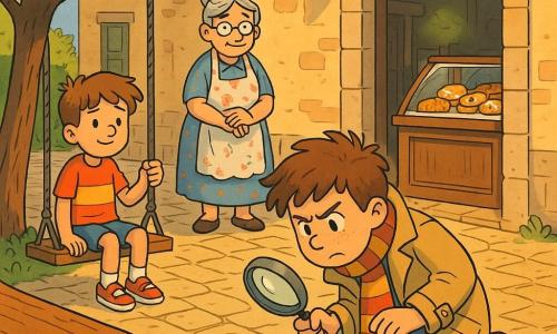 Protagonista: Marco, detective di circa 12 anni, volto curioso e concentrato, capelli castani arruffati, trench beige troppo grande, sciarpa a righe, lente in mano; è inginocchiato a seguire una scia di briciole con espressione determinata e sopracciglia aggrottate. Personaggio secondario: Luca, 11 anni, capelli castano chiaro, maglietta colorata, seduto su un'altalena a destra, sorriso timido, guarda la pasticceria. Personaggio secondario: Nonna Rosa, circa 70 anni, capelli grigi raccolti, grembiule a fiori, alla porta della pasticceria con mani giunte e sguardo accogliente. Luogo: piccola piazza di paese al tardo pomeriggio, selciato antico, panchina verniciata, alberi verdi, davanti a una pasticceria con banco in legno, vetrina di dolci e insegna in ferro “Pasticceria”. Situazione: la scia di briciole va dalla soglia socchiusa della pasticceria al parco; atmosfera calda, colori saturi, tratti netti e contorni neri in stile fumetto europeo. Dettagli grafici: texture visibili (legno, selciato, glassa lucida), ombre morbide, prospettiva leggermente dall'alto per mostrare la scia e i personaggi allineati.