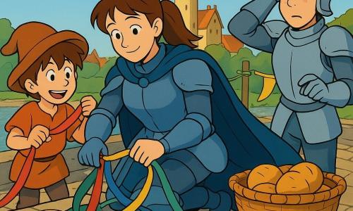 Una caballera de rostro dulce y decidido, ligera sonrisa, pelo castaño recogido en cola, armadura mate con reflejos azules y gran capa azul noche ondeando, arrodillada en un puente de piedra mientras deshace un gran nudo de banderolas con una pequeña cuña de madera en la mano derecha; junto a ella una cesta con panes calientes. Un niño (Tomás, ~10 años), pelo alborotado y un gran gorro que le cae en la oreja, excitado y concentrado, sujeta un extremo rojo de la banderola a su izquierda. Un joven guardia (~17 años), casco levantado y rostro sonrojado de vergüenza, está de pie a la derecha, mirando una caja vacía y rascándose la cabeza. El puente, ancho y empedrado, tiene postes de madera con banderolas amarillas, verdes, azules y blancas enredadas; debajo corre un río de reflejos plateados y al fondo se ven tejas rojas y una torre de castillo bañada por el sol. Escena principal: momento tranquilo y optimista con viento leve, migas de pan sobre una piedra, colores vivos, composición centrada y luz suave de tarde en un estilo de dibujo animado de los años 90 con líneas claras, colores saturados y contornos negros.