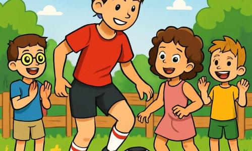 Eine junge Frau, Lara, mit einem lächelnden und entschlossenen Gesicht trägt ein rotes Fußballtrikot und schwarze Shorts. Sie dribbelt geschickt einen Fußball, ihre braunen Haare zu einem Pferdeschwanz gebunden, der im Wind weht. Neben ihr applaudiert eine Gruppe von Kindern, darunter ein 10-jähriger Junge mit Brille und einem blauen T-Shirt, begeistert und ermutigt sie. Ein 9-jähriges Mädchen mit lockigem Haar in einem rosa Sportkleid versucht, Laras Dribbelbewegung nachzuahmen, mit bewundernden leuchtenden Augen. Die Szene spielt auf einem kleinen, grünen Fußballfeld, umgeben von Holzbarrieren und bunten Blumen, unter einem strahlend blauen Himmel mit einigen weißen Wolken. Im Hintergrund verleihen grüne Bäume der fröhlichen Atmosphäre einen Hauch von Natur. Lara zeigt den Kindern, wie man den Ball dribbelt, und die Aufregung ist spürbar, während sie lachen und sich gegenseitig anfeuern, was eine Atmosphäre von Kameradschaft und Freude schafft.