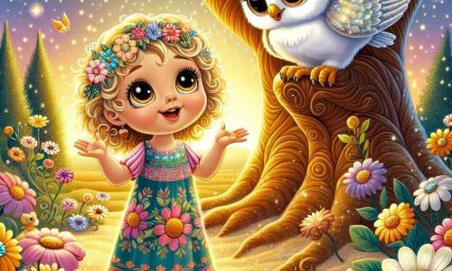 A 4-year-old girl named Lily stands at the center of the scene, with big curious eyes and curly golden-blonde hair. She wears a colorful floral dress and has a delighted smile, arms wide open as if welcoming the magic of the world. Next to her, a wise owl with silver feathers perches on a branch, observing with bright, kind eyes, ready to share its knowledge. In the background, a majestic tree with shimmering leaves stands surrounded by colorful flowers that seem to whisper secrets. The ground is covered in soft, golden sand, illuminated by the warm light of the setting sun, creating a cozy and magical atmosphere. The main scene shows Lily listening intently to the owl, which tells her stories of wisdom and love, while the flowers around them gently sway in the breeze, adding a touch of magic to this precious moment.