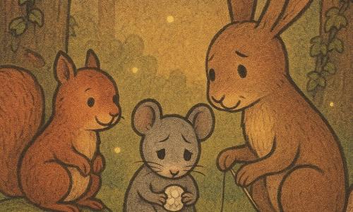 Een kleine muis genaamd Merel met glanzende ogen en gefronste wenkbrauwen, droevig maar gerust, houdt voorzichtig een gebarsten parel tussen haar pootjes; een eekhoorn genaamd Eefje met roodbruine vacht en pluimstaart zit links op een moskussen en kijkt zacht bemoedigend; een haas genaamd Hugo, groot met lange oren, knielt voor Merel en reikt een fijne naald met gouden draad om de parel te lijmen; op een bosopen plek bij schemering met mos, rode paddenstoelen, klimop aan de stammen en ambergele vuurvliegjes, in een warme, intieme en herstellende sfeer.