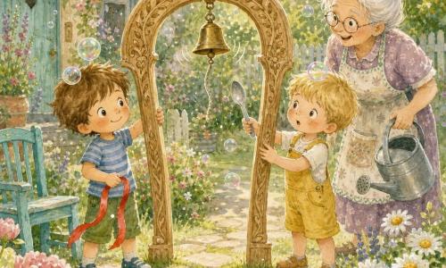 Three characters: Milo, nearly four, tousled brown hair, round cheeks, wearing a blue-striped T-shirt and green shorts, holding a red ribbon at the left of a small carved wooden arch and smiling; Ben, nearly four, short blond hair and freckles, in yellow overalls, holding a shiny plastic spoon like a sword at the right of the arch with a look of wonder; and Grand‑ma Dot, an elderly grandmother with white hair in a bun, round glasses and a pocketed apron, standing slightly right behind the arch with a metal watering can, smiling and attentive. Setting: a small village garden with brown earth and green grass, colorful flower beds, a flat-stone path and a turquoise wooden chair, late-morning soft light and long shadows. Main scene: a slightly tilted wooden arch beginning to straighten with a brass bell that tinkles, translucent soap bubbles drifting around and landing on the children's heads; Milo and Ben steady the arch together with calm gestures while Grand‑ma Dot encourages them, creating a warm, playful, whimsical atmosphere.
