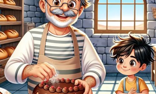 Um homem, o Sr. Joaquim, está no centro da imagem, sorrindo com olhos brilhantes de alegria. Ele tem cabelos castanhos levemente desgrenhados, um avental branco manchado de farinha e mãos cheias de massa de pão. Ele está decorando um lindo bolo de chocolate, com camadas de frutas vermelhas, em uma mesa de madeira na sua padaria. Ao lado dele, um garoto de 8 anos chamado Pedro, com cabelos pretos bagunçados e olhos curiosos, observa atentamente. Ele usa uma camiseta amarela e calças azuis, segurando um pequeno rolo de massa, pronto para ajudar o padeiro. A padaria, 