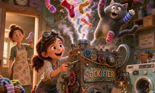 Penelope, a girl with a chestnut ponytail, paint-stained smock and safety glasses on her head, beams with wide-eyed excitement as she adjusts a rusty, cog-and-tube-covered box-like machine with a screwdriver; Whiskerflug, a stout gray cat with white whiskers and mismatched socks, jumps onto the machine, while Penelope’s mother, about 35–40 in a floral apron, watches amused from the doorway holding a sock. The cluttered laundry room features a retro washer, wicker baskets overflowing with striped socks, scratched wooden counters and mint walls. The 