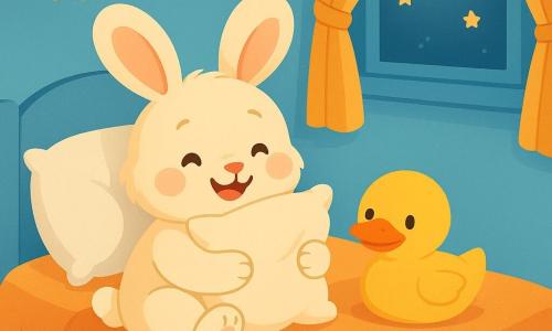A little rabbit named Pip, with soft, silky cream-colored fur, large floppy ears, and sparkling curious eyes, is sitting on his cozy bed with a big smile on his face. He holds a big fluffy pillow against him, his cheeks slightly rosy with excitement. Next to him, a small yellow stuffed duck with an orange beak and round eyes looks at Pip joyfully. The duck is on the bed, ready to listen to his friend. The room is warm and inviting, with pastel blue walls, golden stars hanging from the ceiling, and soft moonlight filtering through the curtains. A cloud-shaped rug is spread on the floor, adding a touch of magic to the space. In this scene, Pip is getting ready to fall asleep, surrounded by his toys, whispering sweet words to the duck. The atmosphere is calm and peaceful, filled with soft light, ready for a night of enchanted dreams.