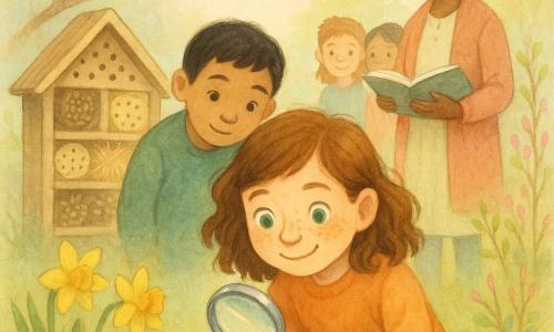 O fată de 10 ani cu păr șaten ondulat până la umeri, ochi verzi și pistrui, zâmbitoare și îngăimată, în genunchi pe iarbă umedă privind o floare albastră printr-o lupă metalică; un băiat de circa 9 ani cu păr scurt negru, stând în spatele ei la stânga și aplecându-se să se uite peste umăr; o învățătoare de 30–40 de ani cu părul prins în coc, zâmbitoare, ținând un caiet deschis lângă un grup mic de copii; un hotel pentru insecte din lemn rustic sprijinit de un stâlp vechi, umplut cu găuri mici, conuri de pin și paie; grădina școlii la început de primăvară cu iarbă încă plină de rouă, narcise galbene și boboci roz pe arbuști, frunze verzi moi; un pițigoi galben pe o ramură subțire deasupra copiilor; picături de rouă care reflectă lumina, umbră difuză de nor, paletă pastelată și texturi delicate ca acuarela; scenă calmă și veselă cu copii concentrați observând natura, detalii clare la lupă, floare albastră, buburuză strălucitoare și hotelul pentru insecte.