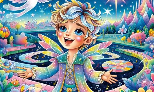 Într-un univers colorat și fantastic, un băiat pe nume Radu, în vârstă de aproximativ 10 ani, stă în centrul imaginii. Are ochi strălucitori ca stelele și părul zbârlit de culoare albastru deschis, purtând o tunică din țesătură sclipitoare care reflectă culorile spațiului. Fața lui exprimă bucurie și uimire în timp ce cântă cu entuziasm, înconjurat de creaturi magice. Lângă el, Steaua Zburătoare, o splendidă creatură luminoasă cu aripi de cristal, plutește grațios în aer, având o apariție etereală cu culori pastelate care strălucesc la lumina stelelor. În fundal, scena se desfășoară pe planeta Zâmbetului, unde dealuri de flori multicolore se unduiesc sub un cer înstelat. Râuri de ciocolată șerpuiesc prin peisaj, iar copacii cu frunze în formă de inimi dansează pe ritmul muzicii. Creaturi fantastice, precum păsări cu pene de bumbac, zboară vesel în jurul lor. Situația principală arată cum Radu și Steaua Zburătoare pregătesc un mare festival al râsetelor, cu note muzicale plutind în aer, în timp ce străluciri de lumină și culori vii luminează scena, simbolizând magia și bucuria aventurii lor.
