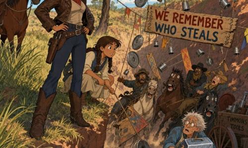 A confident, focused cowgirl with a determined look, wearing a dented felt hat, brown leather jacket, red scarf, dusty boots and a revolver holster, stands hands on hips on a sandy ridge above a gulch; a ~12-year-old girl with brown braids and wide eyes, in a simple dress and vest, crouches beside her holding a rope down the ravine, proud but nervous; Mr. Timmons, a small ~60-year-old man with messy gray hair, round glasses and an oil-stained apron, stands near a wagon below clutching a small box of shiny tools; a bay horse named Juniper with alert ears is tied to a tree behind the woman; the narrow, sandy gulch between grassy banks has tall grass, a few green-leafed cottonwoods, reddish rocks and an old wooden sign; the main scene shows an ingenious ambush — colorful banners, clanging tin bells, rolling barrel lids, painted boards reading WE REMEMBER WHO STEALS suspended — while four bandits on panicked horses are trapped at the bottom; warm contrasted colors, crisp lines and exaggerated 90s cartoon expressions, dynamic diagonal composition, dust and fabrics blowing in the breeze.