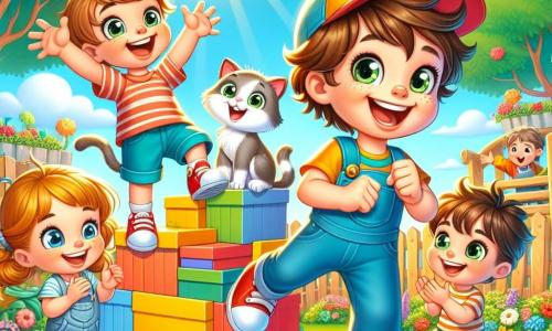 A 6-year-old boy named Ben, with messy brown hair and sparkling curious eyes, wears an oversized cap and red sneakers. He is laughing heartily with his arms raised in front of a tower of colorful boxes he built. Next to him, a 6-year-old girl, Lily, with golden pigtails and a bright smile, joyfully claps, while a 6-year-old boy, Max, with chestnut hair and boundless energy, jumps in the air, ready to join the adventure. The scene takes place in a sunny garden filled with colorful flowers and lush trees, with a wooden fence in the background. The sky is bright blue, dotted with fluffy white clouds. In this main scenario, Ben, Lily, and Max are on a detective mission, helping Mr. Whiskers, the neighbor's cat, become a superhero by jumping from one box to another, all while laughing and having fun together.