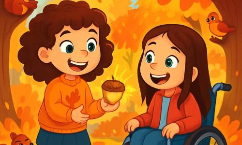There are two main characters: - Lily: an 8-year-old girl with sparkling blue eyes and curly brown hair. She is cheerful and wears an orange sweater with a leaf pattern. She stands on the left, smiling, holding a golden acorn. - Emma: an 8-year-old girl with bright green eyes and long straight hair. She is sitting in her wheelchair, dressed in a red jacket and jeans. She looks at Lily with a big smile, full of enthusiasm. The main setting is a magical clearing in the heart of an enchanted forest. Majestic trees with golden, red, and orange leaves form a circle around them. The ground is covered with a thick carpet of colorful leaves, and sunlight filters through the branches, creating dancing shadows on the ground. The main situation of the story shows Lily and Emma discovering a sparkling golden acorn among the leaves. They are amazed and laugh together, surrounded by the vibrant beauty of autumn, while curious animals like squirrels and birds watch them with interest.