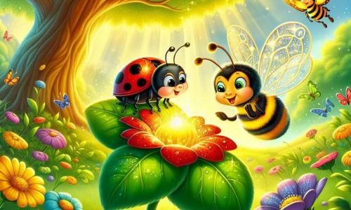 An illustration depicts a small ladybug with bright red wings dotted with black spots, perched on a shiny green leaf. It has large, sparkling eyes of curiosity and a joyful smile as it marvels at a golden glimmer at the center of a large blooming flower. Nearby, a bumblebee with yellow and black striped fur and translucent wings joyfully flies around the ladybug, its eyes shining with excitement. The setting is an enchanted clearing bathed in golden light, where multicolored flowers dance in the breeze and dew drops sparkle like diamonds on the leaves. The main scene shows the ladybug and bumblebee discovering a hidden treasure at the heart of the flower, symbolizing friendship and adventure. Colorful butterflies flutter around them, adding a touch of magic to the scene, while a majestic old oak stands in the background, its branches extended like protective arms.