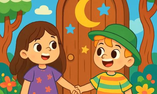 There are two main characters: - Lily: a 6-year-old girl with long brown hair and sparkling eyes. She wears a pretty purple dress with flower patterns and stands on the left, curiously looking at the wooden door. - Sam: a 6-year-old boy with messy blonde hair and a big smile. He wears a green hat and a striped t-shirt, standing to the right of Lily, holding her hand and gazing at the door in wonder. The main setting is a magical garden filled with colorful flowers dancing in the wind. In the center, a large wooden door adorned with drawings of yellow moons and blue stars slowly opens. Twisted-trunk trees wear cloud hats, and the sky is a bright blue with fluffy white clouds. The main situation shows Lily and Sam, amazed, in front of the magical door. They hold hands, ready to enter a world full of questions and dreams, surrounded by the glow of flowers that seem to whisper secrets to them.
