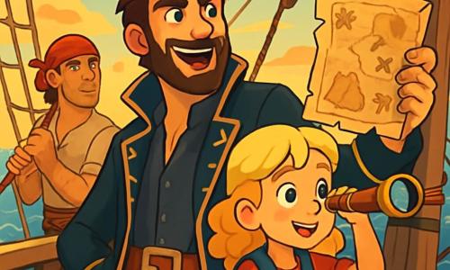 Captain Finn stands proudly on the ship's deck, his face marked by excitement and determination. With tousled brown hair, a well-groomed beard, and a long black coat adorned with gold, he brandishes a treasure map with a bold smile. Beside him, a 10-year-old girl, cabin girl Lila, with curly blonde hair, gazes at the sea with sparkling adventurous eyes, holding a telescope. In the background, a robust man in his 30s, Finn's first mate, sporting a scar on his cheek and a red bandana, adjusts the sails while casting an admiring glance at the captain. The scene features a vast blue ocean, dotted with shimmering waves under the setting sun, as the ship, the Sea Serpent, sails majestically with its black sails unfurled. Mysterious islands loom in the misty horizon, promising upcoming adventures. The main focus is on Captain Finn and his crew preparing to sail towards the legendary Lost Isles, filled with excitement and determination, ready to face the challenges ahead.