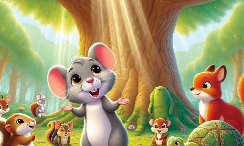 A little rat named Remy, with soft gray fur and sparkling curious eyes, stands at the center of the scene, smiling enthusiastically as he talks to the other animals. He is surrounded by several forest creatures, including a squirrel named Sammy, with reddish fur and a bushy tail, who jumps for joy beside him, and a wise turtle, with a green shell adorned with patterns, who listens attentively. The scene takes place under a majestic oak tree, its branches extending like welcoming arms, while rays of sunlight filter through the foliage, illuminating the ground sprinkled with colorful flowers and golden leaves. Remy and his friends are holding a big gathering under the oak, where each animal shares joyful memories, creating an atmosphere of camaraderie and magic in the forest.
