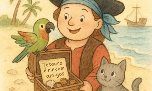 A capitã Rita, mulher adulta sorridente e corajosa, rosto arredondado e olhos brilhantes, com chapéu de pirata largo e grande lenço azul, segura um pequeno baú aberto e mostra o mapa aos amigos; o papagaio Pipo, macho colorido de verde e vermelho, empoleirado no ombro direito, bate as asas; o gato Miau, macho de pelo cinza e olhos redondos, está junto aos pés dela na areia, observando conchas e moedas de chocolate no baú; cenário: ilha de areia dourada com conchas espalhadas, pequenas ondas azuis, alguns coqueiros e um barco de madeira ao fundo; situação: acabaram de abrir o baú na praia, vêem conchas brilhantes, moedas de chocolate e um pequeno mapa legível com as palavras Tesouro é rir com amigos, atmosfera suave e alegre, cores quentes e gestos ternos.