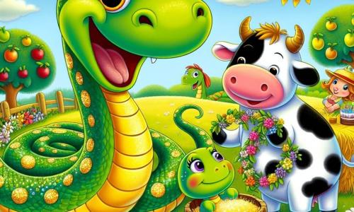 Um serpente chamado Silvestre, com escamas verdes e amarelas brilhantes e olhos cheios de malícia, se move alegremente por um campo ensolarado, cercado de flores coloridas. Ele tem um grande sorriso no rosto, demonstrando seu entusiasmo pela festa que está organizando. Ao seu lado, uma tartaruga chamada Tati, com uma carapaça verde decorada, observa Silvestre com um olhar curioso, segurando uma pequena guirlanda de flores que fez. Mais adiante, uma vaca chamada Margarida, com manchas brancas e pretas, está perto de um grande balde de feno, rindo da situação, enquanto um porquinho chamado Pipo, rosa e gordinho, mistura ingredientes para o bolo em uma grande bacia. O cenário é uma fazenda animada, com campos verdes, um céu azul brilhante e árvores frutíferas ao fundo, criando uma atmosfera alegre e festiva. A cena principal mostra Silvestre, Tati, Margarida e Pipo se preparando para uma grande festa, com balões coloridos flutuando ao seu redor e risadas ecoando no ar.