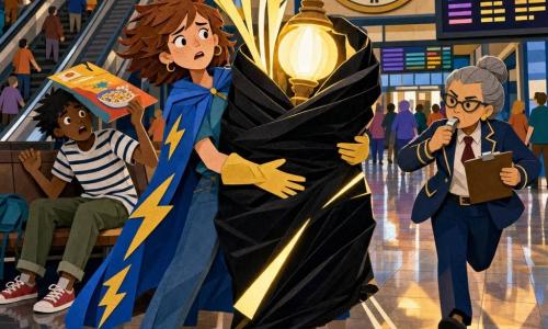 Main girl: Mara, about 20–25, round face with freckles, short messy chestnut hair, worried but determined, wearing a blue cape with yellow lightning, oven mitts, wrapping a huge glowing bulb-like lamp in a black velvet curtain like a burrito so its warm rays fight through the fabric; secondary boy: Niko, about 20–25, messy black hair, striped tee, sitting on a bench in the background with a surprised open mouth, shielding his eyes with a cereal box; secondary girl: Della Pike, station manager about 40–50, small with gray hair in a bun, official jacket and clipboard, stern but relieved, blowing a whistle as she runs in from the right; setting: Gleam Central station with shiny tiled floor, giant round clock, moving escalators, colorful electronic signs and stylized crowd silhouettes; visual: centered dynamic composition, bold colors, sharp cutout shapes and layered paper-like shadows, stark yellow-white lamp rays creating strong highlights and reflections.