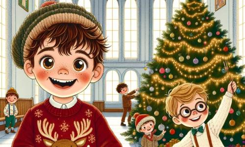In the center of the image, a 9-year-old boy named Oliver, with messy brown hair and sparkling joyful eyes, is smiling widely while holding a box of Christmas decorations. He is wearing a red sweater with a reindeer pattern and a wool hat, his cheeks flushed with excitement. Next to him, Ella, a 10-year-old girl with curly brown hair and freckles, is laughing as she holds out a sparkling garland, her eyes shining with happiness. A little further away, Sam, an 11-year-old boy with glasses and blond hair, is adjusting a golden star on top of a large decorated Christmas tree, displaying a focused yet joyful expression. The setting is a warm large room in the orphanage, with white-painted walls and colorful drawings hanging up. A big Christmas tree, illuminated with garlands and colorful ornaments, stands proudly in one corner, while snowflakes gently fall outside through the windows. The scene captures the excitement of Oliver's team as they prepare for a Christmas party, filled with laughter and joy, as they decorate the room together, ready to share their Christmas spirit with the residents of a nearby home.