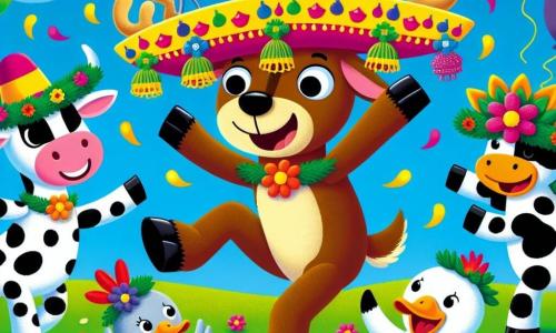 Un reno alegre, con pelaje marrón y cuernos adornados con guirnaldas de colores, baila con entusiasmo, con una gran sonrisa en su rostro, bajo un cielo azul brillante. A su lado, una vaca blanca con manchas negras, que lleva un sombrero de flores, aplaude riendo, mientras un pato de plumas amarillas y verdes, con un sombrero de plumas coloridas, hace piruetas. En el fondo, un prado verde está salpicado de flores multicolores y globos flotantes, creando un ambiente festivo. En el centro de la escena, el reno muestra orgullosamente su sombrero loco hecho de botones, cucharas y una campanilla, mientras todos los animales se divierten juntos, celebrando el concurso de sombreros.