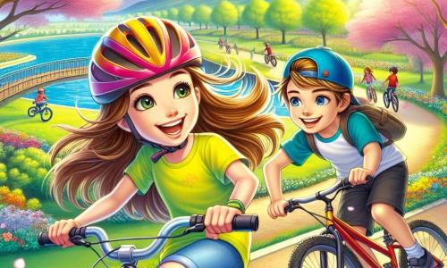Ein 12-jähriges Mädchen namens Emilia steht im Mittelpunkt des Bildes, mit langen braunen Haaren, die im Wind wehen. Sie trägt einen bunten Fahrradhelm und ein leuchtend gelbes T-Shirt und zeigt ein großes, aufgeregtes Lächeln, während sie energisch auf ihrem Fahrrad fährt. Neben ihr schaut Leo, ein 12-jähriger Junge mit kurzen blonden Haaren, sie mit einem verschwörerischen Lächeln an, trägt ein blaues T-Shirt und eine schwarze Shorts und passt seinen eigenen Helm an. Die Szenerie ist ein wunderschöner Frühlingspark mit blühenden Bäumen in leuchtenden Farben, gewundenen Wegen, die mit bunten Blumen gesäumt sind, und einem blauen Himmel mit fluffigen weißen Wolken. Im Hintergrund fahren andere Kinder Fahrrad, was eine fröhliche und dynamische Atmosphäre schafft. Die Hauptsituation zeigt Emilia und Leo im Wettlauf, lachend und sich gegenseitig anfeuernd, während sie eine enge Kurve nehmen, was ihren Teamgeist und den Spaß am gemeinsamen Radfahren verdeutlicht.