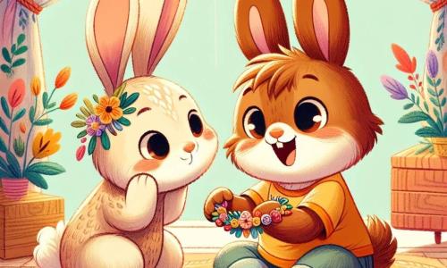Ein kleiner Hase namens Felix, mit weichem braunem Fell, großen Ohren und funkelnden Augen, sitzt auf dem Boden und hält stolz ein Armband aus bunten Blumen und Blättern. Er lächelt begeistert, seine Wangen sind vor Aufregung gerötet, um seiner Mama eine Freude zu machen. Neben ihm sitzt seine Mama, eine hübsche Häsin mit sanften Augen und cremigem Fell, die ihren Sohn mit einer Mischung aus Staunen und Liebe ansieht. Sie sitzt auf einem weichen Kissen, die Arme weit geöffnet, bereit, ihren Kleinen in eine warme Umarmung zu nehmen. Die Szene spielt sich in einem hellen, einladenden Raum ab, mit Sonnenstrahlen, die durch ein Fenster mit blumigen Vorhängen scheinen. Holzspielzeug und bunte Bücher sind um sie herum verstreut und schaffen eine fröhliche, familiäre Atmosphäre. Felix, ganz aufgeregt, überreicht seiner Mama das Armband zum Muttertag, ein Moment voller Liebe und Zärtlichkeit, in dem die Magie von Kreativität und familiären Bindungen aufeinandertreffen.