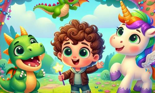 Un bambino di 2 anni, Leo, con capelli ricci e occhi scintillanti, si trova al centro dell'immagine, tenendo una piccola bacchetta magica e sorridendo. Alla sua destra, un drago di nome Gianni, un piccolo drago verde con squame brillanti e ali colorate, ride fluttuando nell'aria. A sinistra, una bella unicorno di nome Tina, con una criniera arcobaleno, è pronta ad aiutare. La scena si svolge in una radura incantata, circondata da alberi dai tronchi colorati e fiori giganti. Al centro, un gelato gigante attira l'attenzione. Leo cerca di sistemare il suo gelato malefico, ridendo e agitando la sua bacchetta, mentre Gianni e Tina si preparano ad aiutarlo, creando un'atmosfera gioiosa e magica.