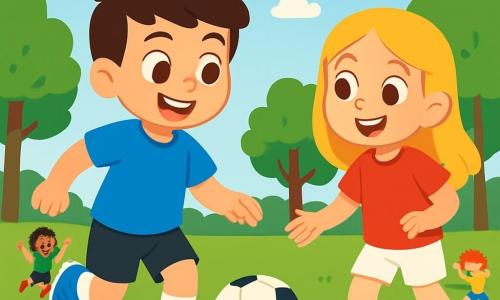 Un giovane di nome Marco, di circa 10 anni, con capelli castani e occhi brillanti di gioia, sta dribblando un pallone da calcio su un campo verde. Indossa una maglietta blu vivace e pantaloni neri, e il suo viso esprime eccitazione e determinazione. Accanto a lui, una ragazza di nome Maria, anch'essa di 10 anni, con lunghi capelli biondi, sorride incoraggiandolo. Indossa una maglietta rossa e pantaloni bianchi, pronta a ricevere il passaggio. Il campo è circondato da alberi verdi e un cielo blu chiaro, con alcune nuvole bianche soffici che fluttuano dolcemente. Gli amici giocano sullo sfondo, ridendo e correndo, creando un'atmosfera gioiosa e dinamica. Marco sta passando il pallone a Maria, mentre il sole splende, illuminando la scena con una luce dorata, piena di energia e amicizia.