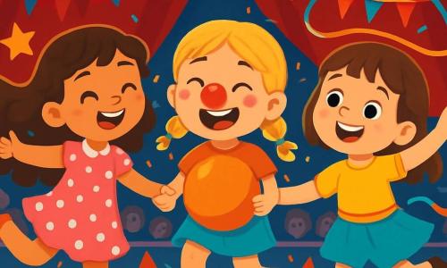 Ci sono 3 personaggi: - Lina: una ragazza di 5 anni con lunghi capelli ricci e un vestito rosa a pois bianchi, piena di energia e salta felice sul palco. - Milla: una ragazza di 5 anni con capelli biondi intrecciati e un naso da clown rosso che brilla, tiene un grande pallone arancione e ride facendo smorfie. - Zoe: una ragazza di 5 anni con capelli castani e una corda colorata in vita, fa girare la corda sopra la testa con un grande sorriso. La scena si svolge sotto un grande tendone da circo dai colori vivaci, con strisce rosse e gialle, illuminato da luci scintillanti e circondato da spettatori meravigliati. Il pavimento è coperto di paglia e coriandoli colorati, creando un'atmosfera festosa. Le tre amiche stanno ripetendo il loro numero di circo, tenendosi per mano, pronte per un salto sincronizzato, con stelle e festoni che fluttuano intorno a loro. Lina, al centro, sorride con determinazione, mentre Milla e Zoe la incoraggiano con entusiasmo.