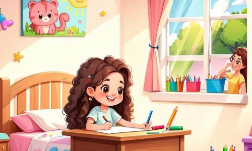 Una ragazza di 10 anni, con lunghi capelli ricci e occhi brillanti, è seduta a un tavolo di legno nella sua stanza, circondata da fogli colorati e matite. Ha un grande sorriso sul volto, mostrando la sua eccitazione mentre scrive una lettera per sua mamma. Accanto a lei, sua madre, una donna di circa 35 anni con capelli castani e lineamenti dolci, la guarda con tenerezza, seduta sul bordo del letto. Indossa un vestito leggero e sorride, ammirando il lavoro della figlia. La stanza è decorata con poster colorati, giocattoli sparsi e raggi di sole che filtrano attraverso le tende, creando un'atmosfera calda e accogliente. La scena principale mostra la ragazza mentre scrive una lettera piena d'amore e umorismo per la festa della mamma, mentre sua madre la incoraggia con uno sguardo fiero e affettuoso.